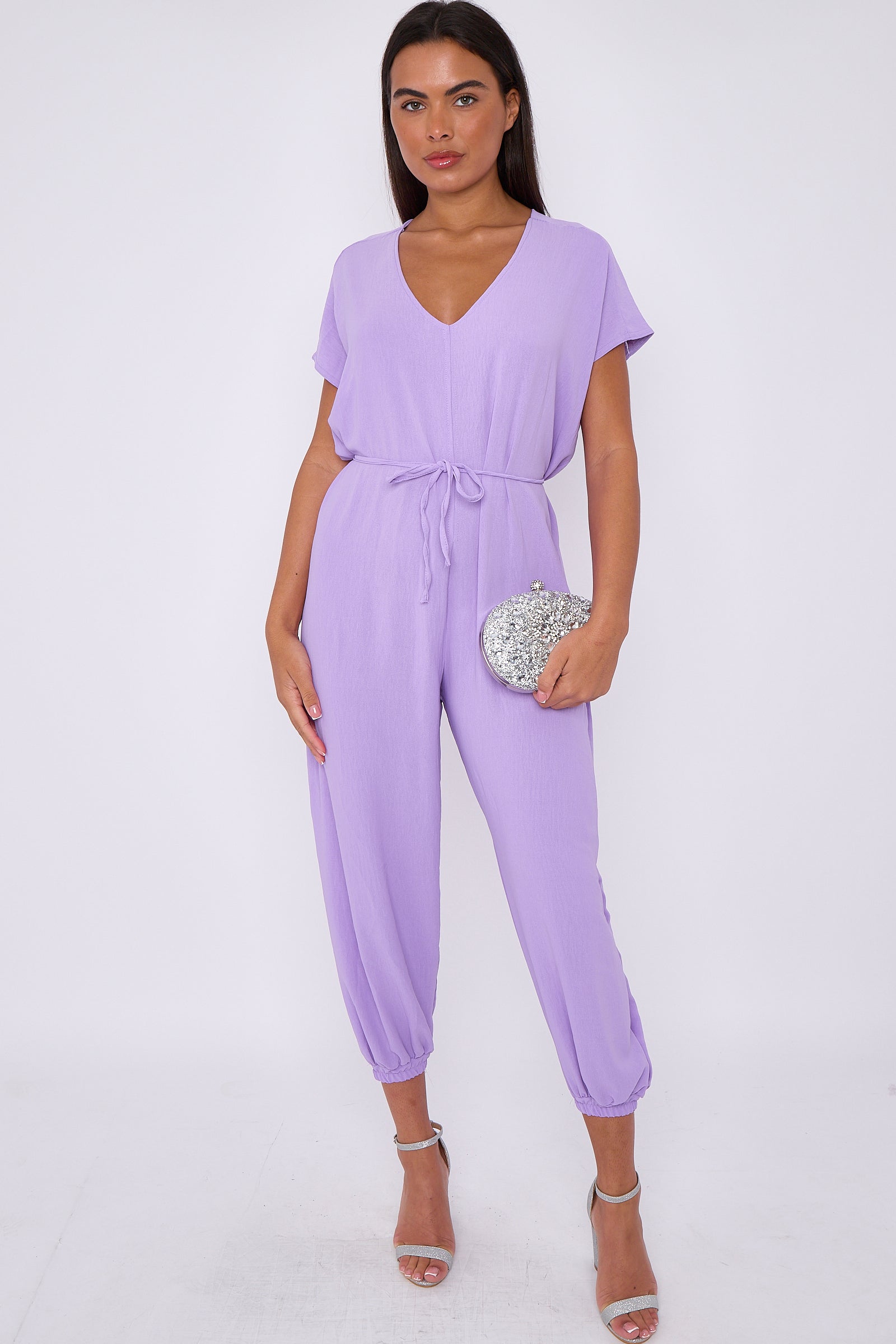 Lilac V-Neck Belted Jumpsuit-4