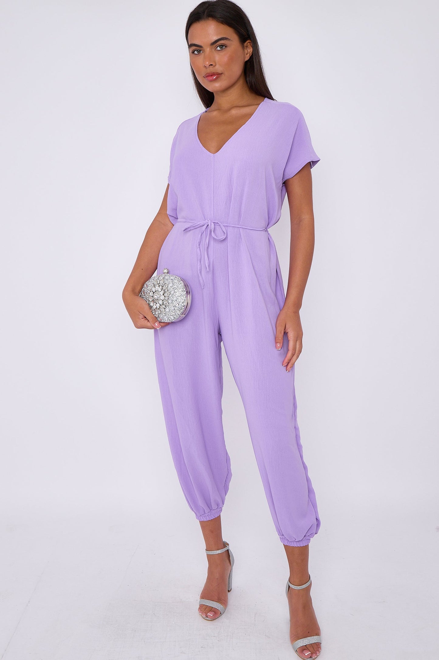 Lilac V-Neck Belted Jumpsuit-3
