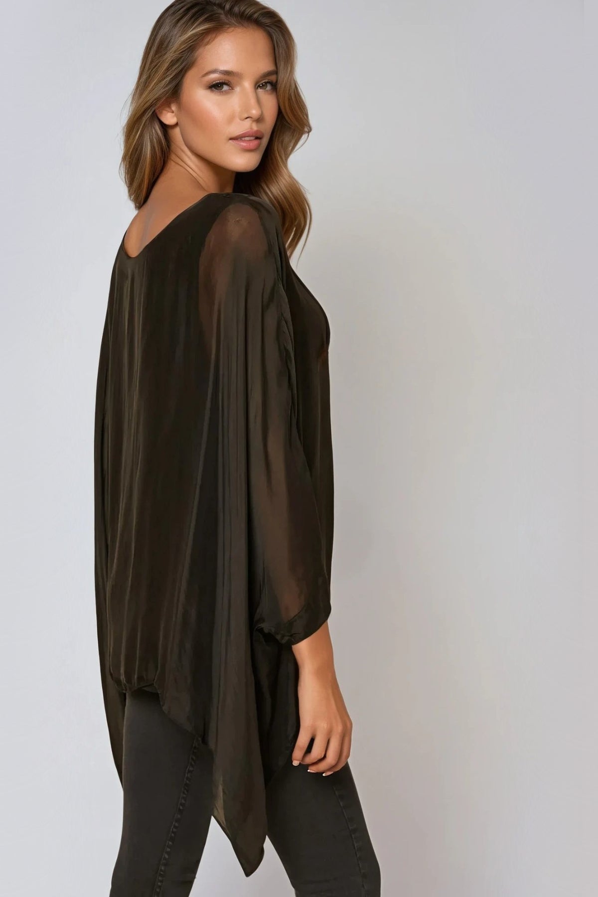 Black Silk Batwing Sleeve Round Neck Blouse-1