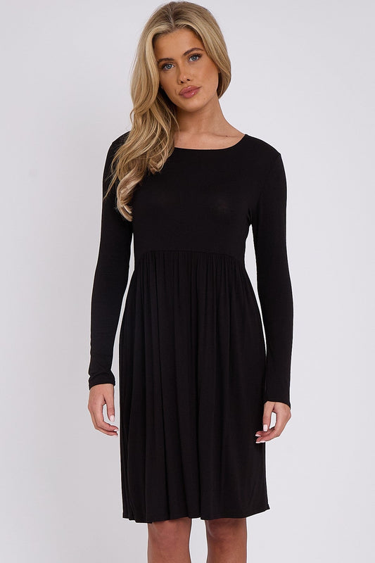 Black Long Sleeve Gathered Waist Dress-0