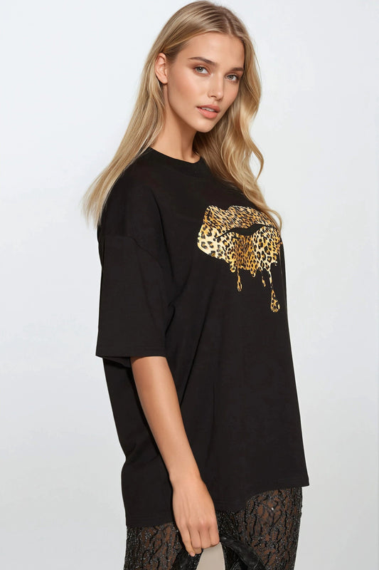 Black Leopard Print Oversized T-Shirt-0