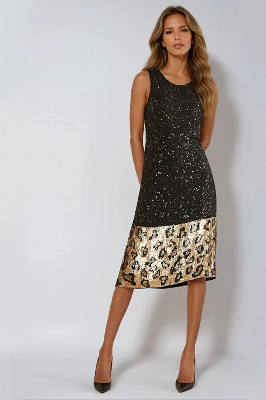 Black Gold Sequin Midi Dress with Leopard Trim-0