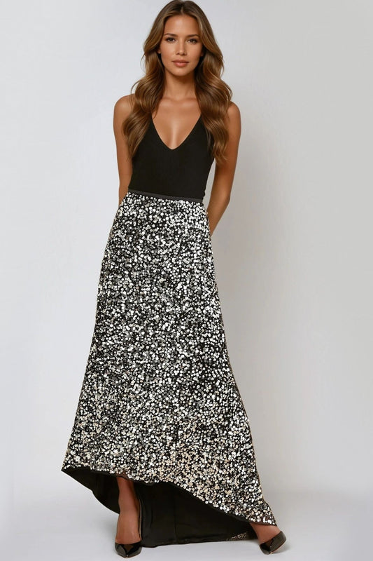 Black and Silver Sequin Maxi Skirt-0