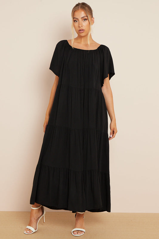 Black Tiered Off Shoulder Maxi Dress-0