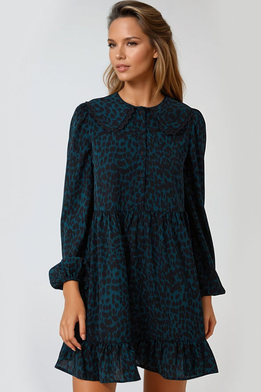 Teal Animal Print Smock Mini Dress-0