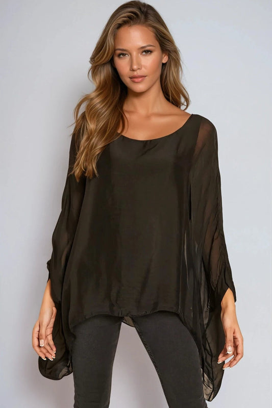Black Silk Batwing Sleeve Round Neck Blouse-0