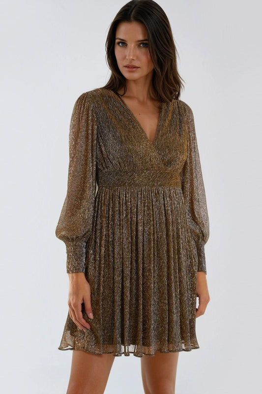 Gold Metallic V-Neck Mini Dress-0