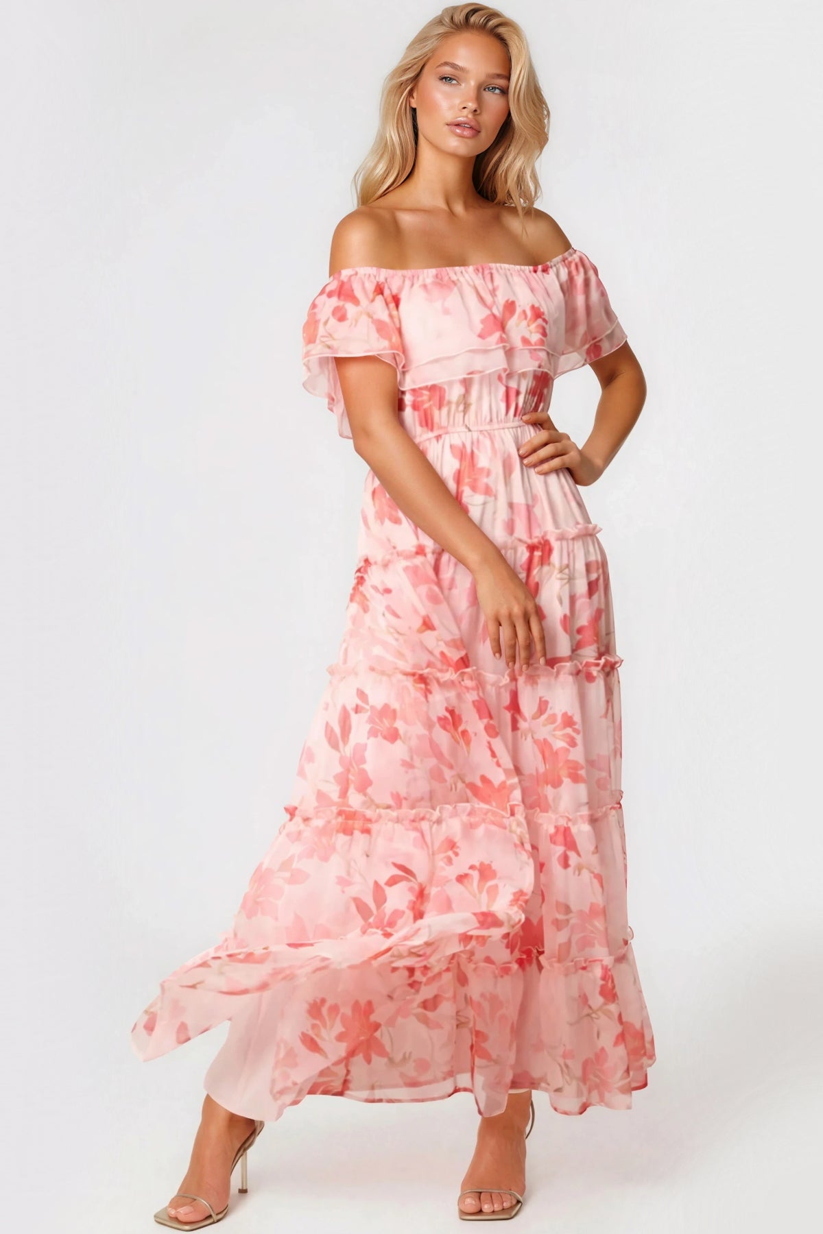 Cooper Allan Pink Floral Bardot Tiered Maxi Dress