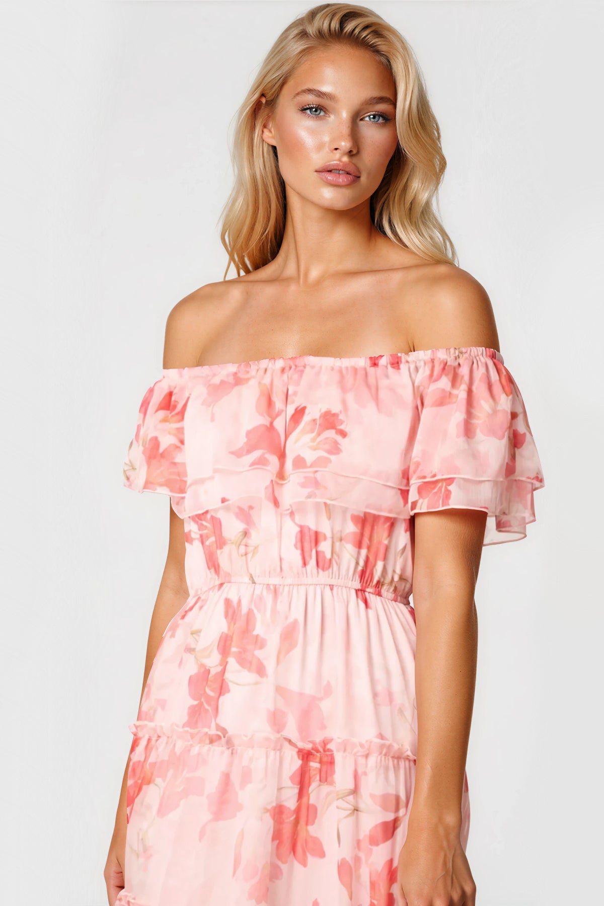 Cooper Allan Pink Floral Bardot Tiered Maxi Dress
