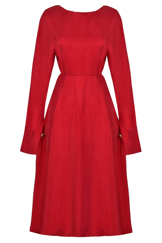 Long Sleeve Red Midi Dress-0