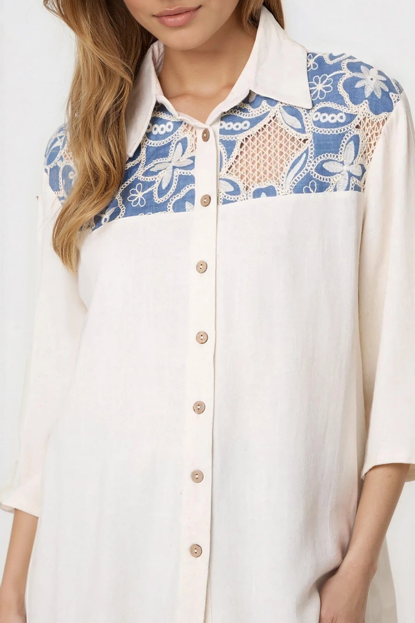 Cooper Allan Denim Floral Crochet Linen Blend Shirt