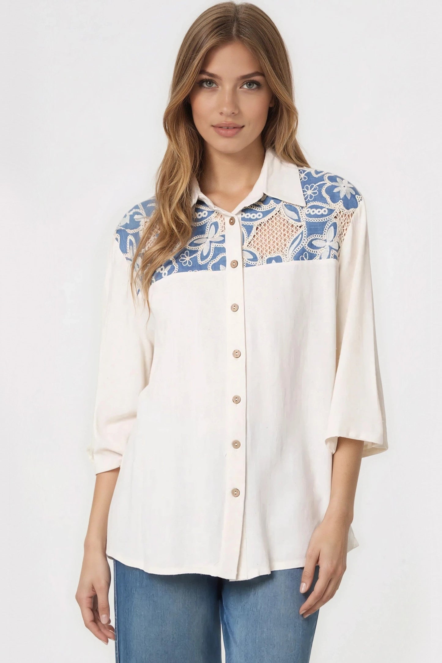Cooper Allan Denim Floral Crochet Linen Blend Shirt