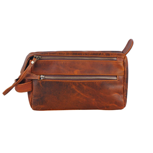 A brown distressed leather zippered pouch with two horizontal zipper compartments and a top loop handle, shown on a plain white background.