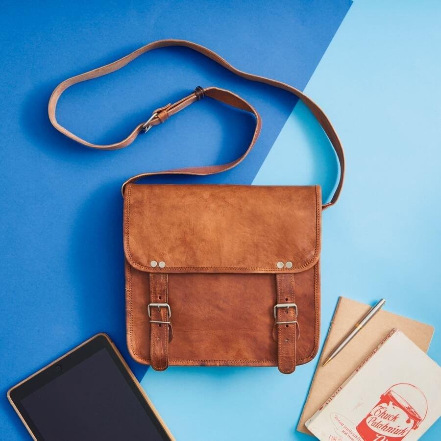 Vintage Double Strip Plain 10*13″ Handcrafted Goat Leather Laptop Bag | 100% Genuine Leather CS5