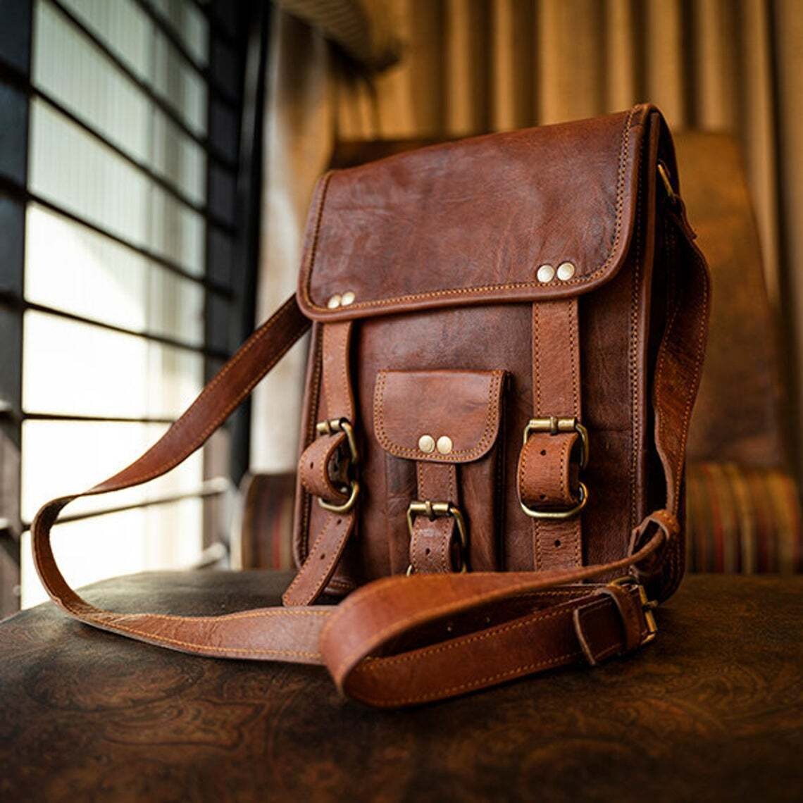 9*11″ front pocket Handcrafted Canvas+ Goat Leather Sling Bag | 100% Genuine Leather CS6