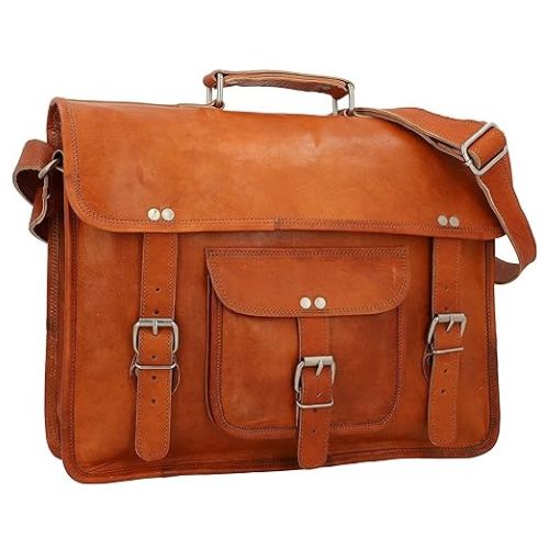 Single Pocket Double Strip Handcrafted Satchel goat Leather Bag 13 inch  CS10
