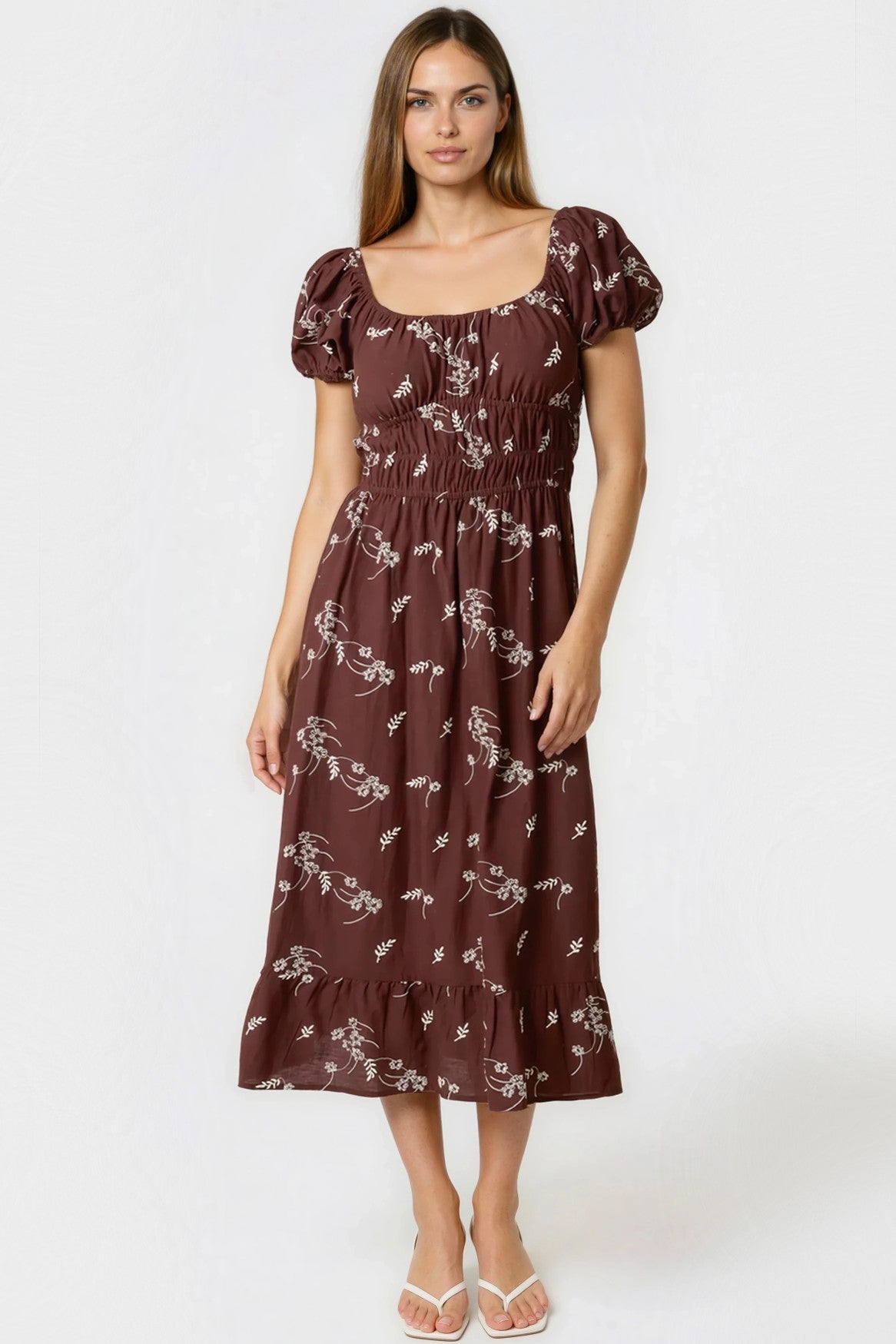 Cooper Allan Brown Embroidered Milkmaid Midi Dress