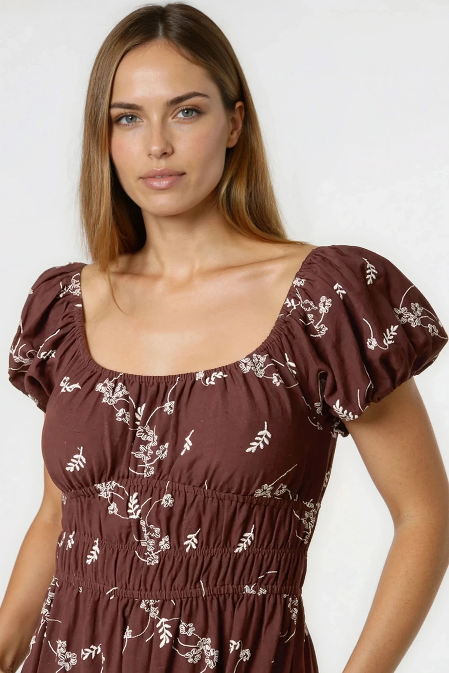 Cooper Allan Brown Embroidered Milkmaid Midi Dress