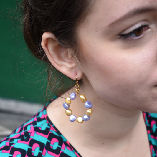 Gold and purple freshwater pearl hoop earrings | by Ifemi Jewels