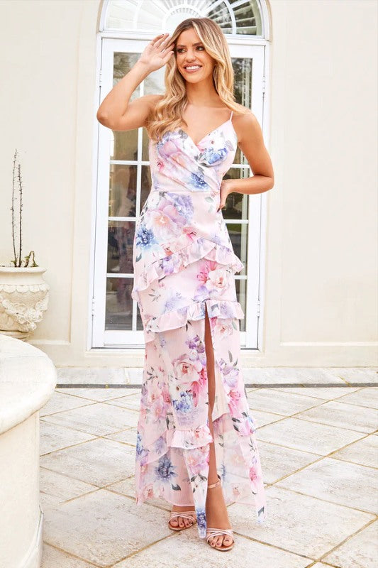 Pink Floral Strappy Wrap Maxi Dress-0