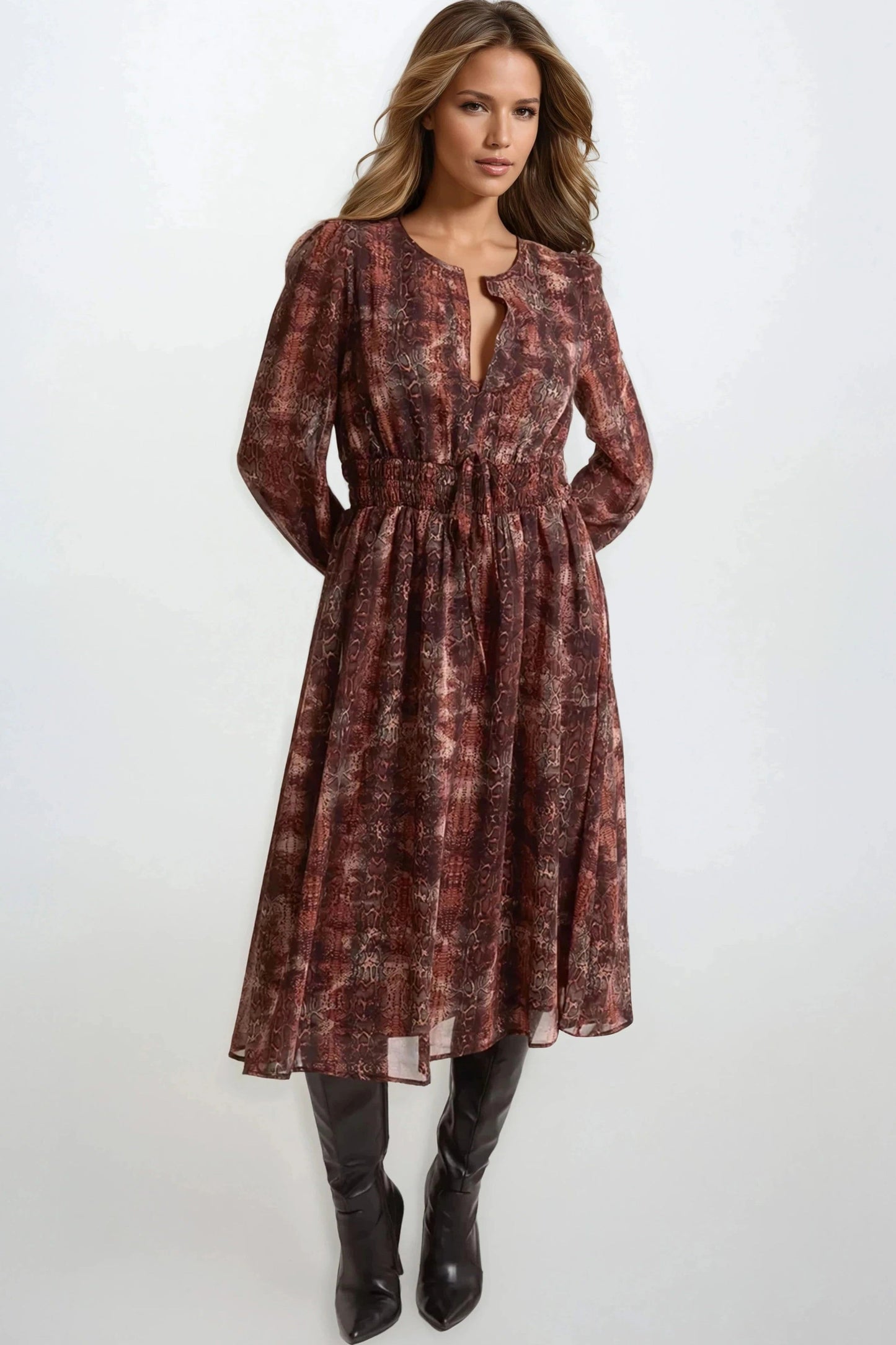 Cooper Allan Brown Snake Print Long Sleeve Midi Dress