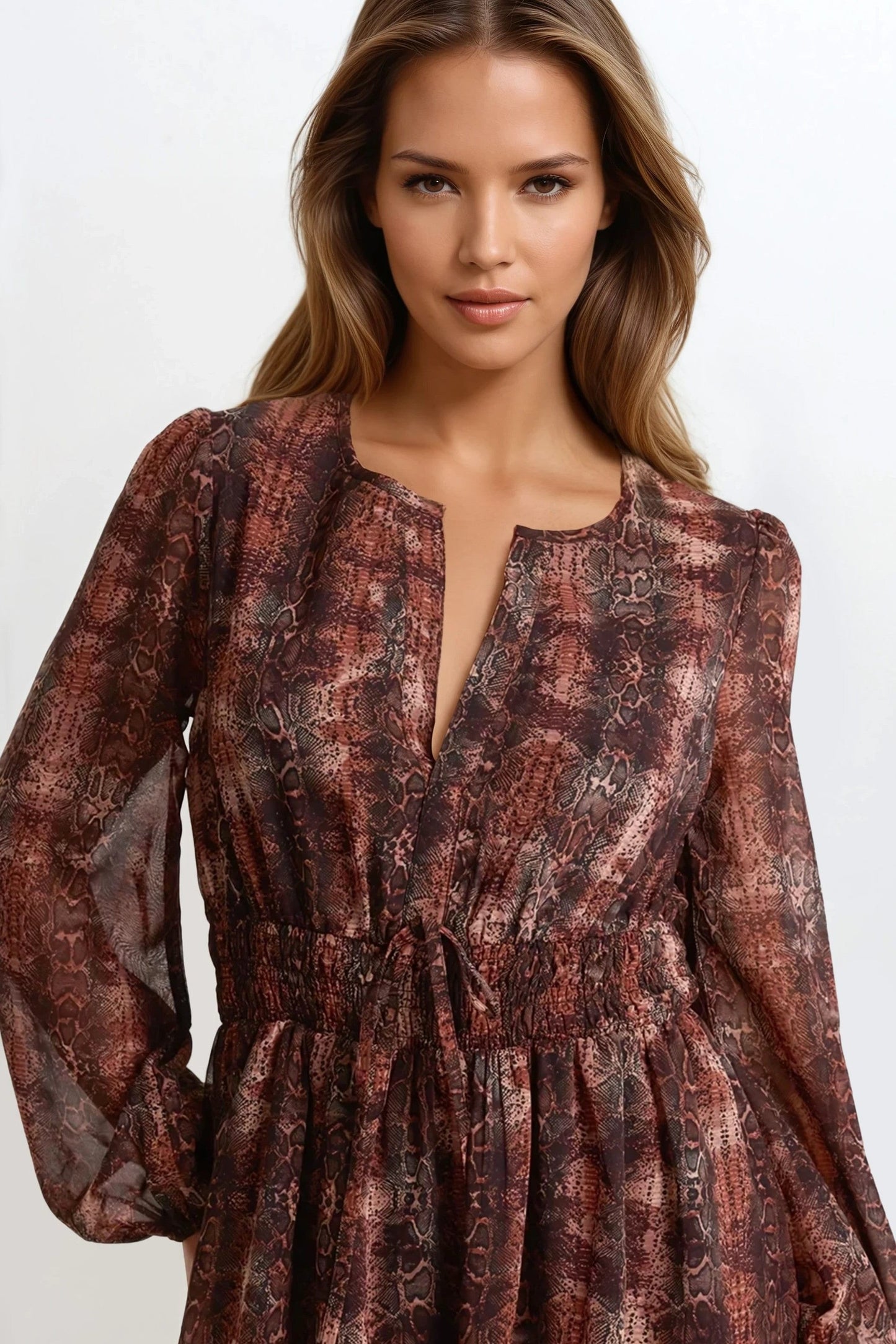 Cooper Allan Brown Snake Print Long Sleeve Midi Dress