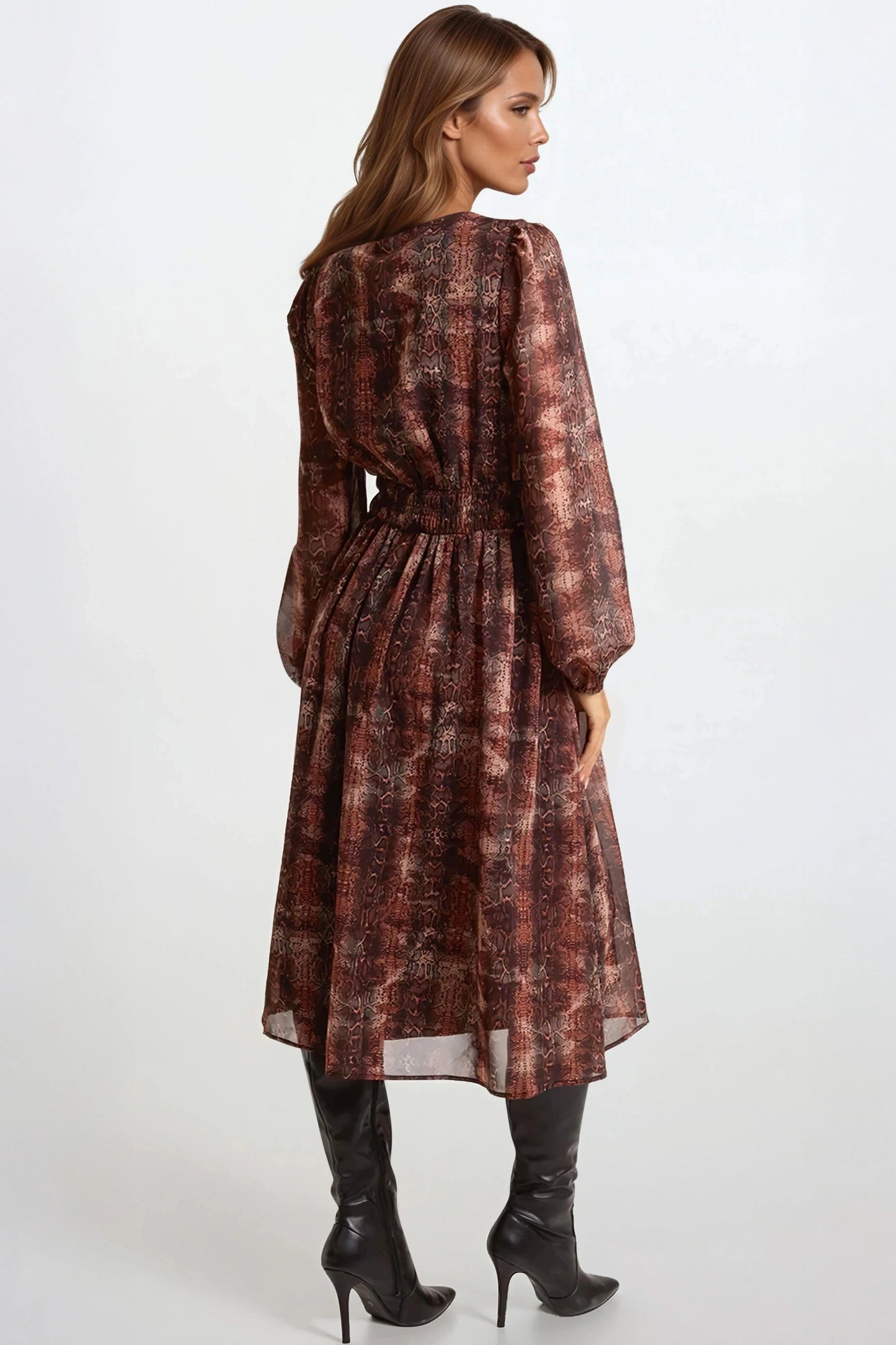 Cooper Allan Brown Snake Print Long Sleeve Midi Dress