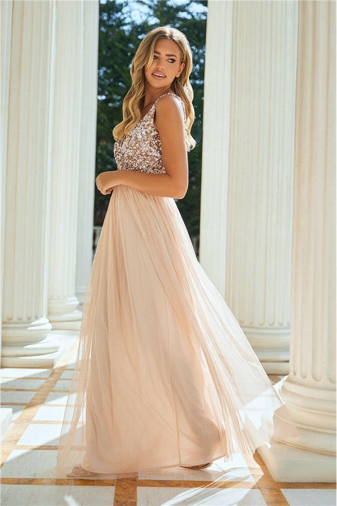 Cooper Allan Valeria Blush Sequin V Neck Maxi Dress