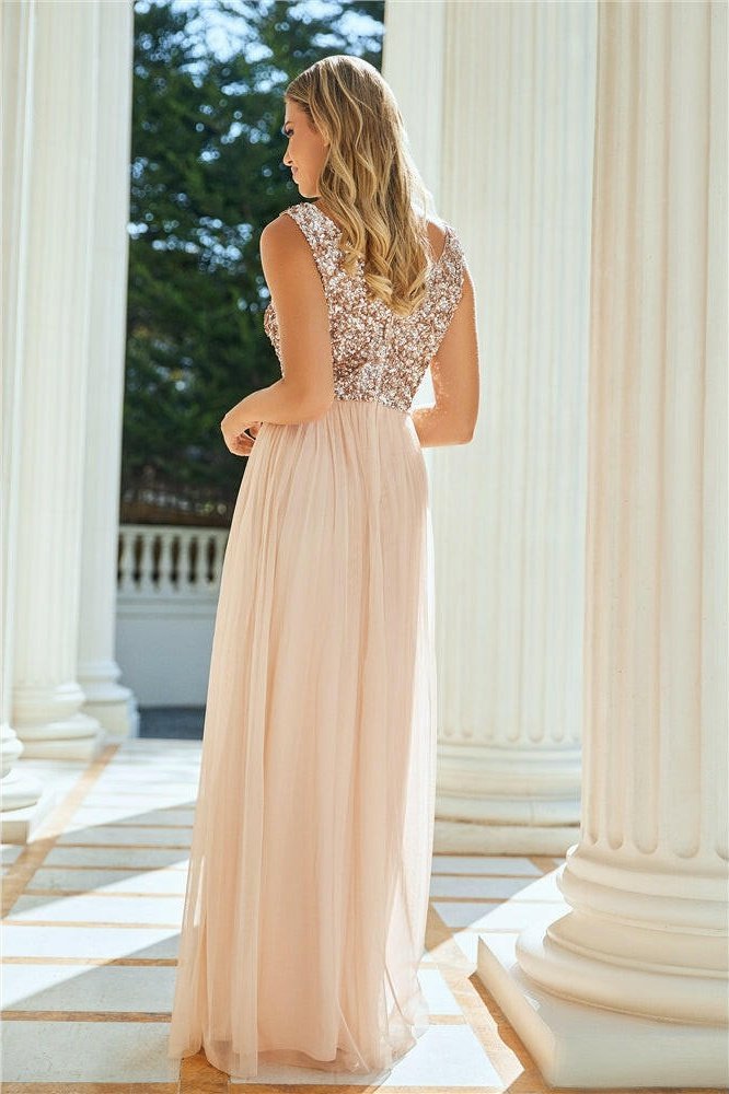 Cooper Allan Valeria Blush Sequin V Neck Maxi Dress