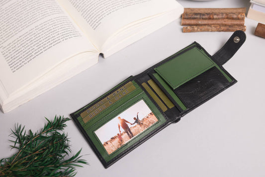 Biggs & Bane Men's Bifold Black & Green Leather Wallet With Tab Coin Pocket