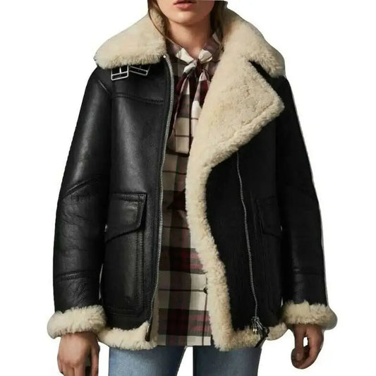 Womens Black Leather Aviator Bomber Jacket