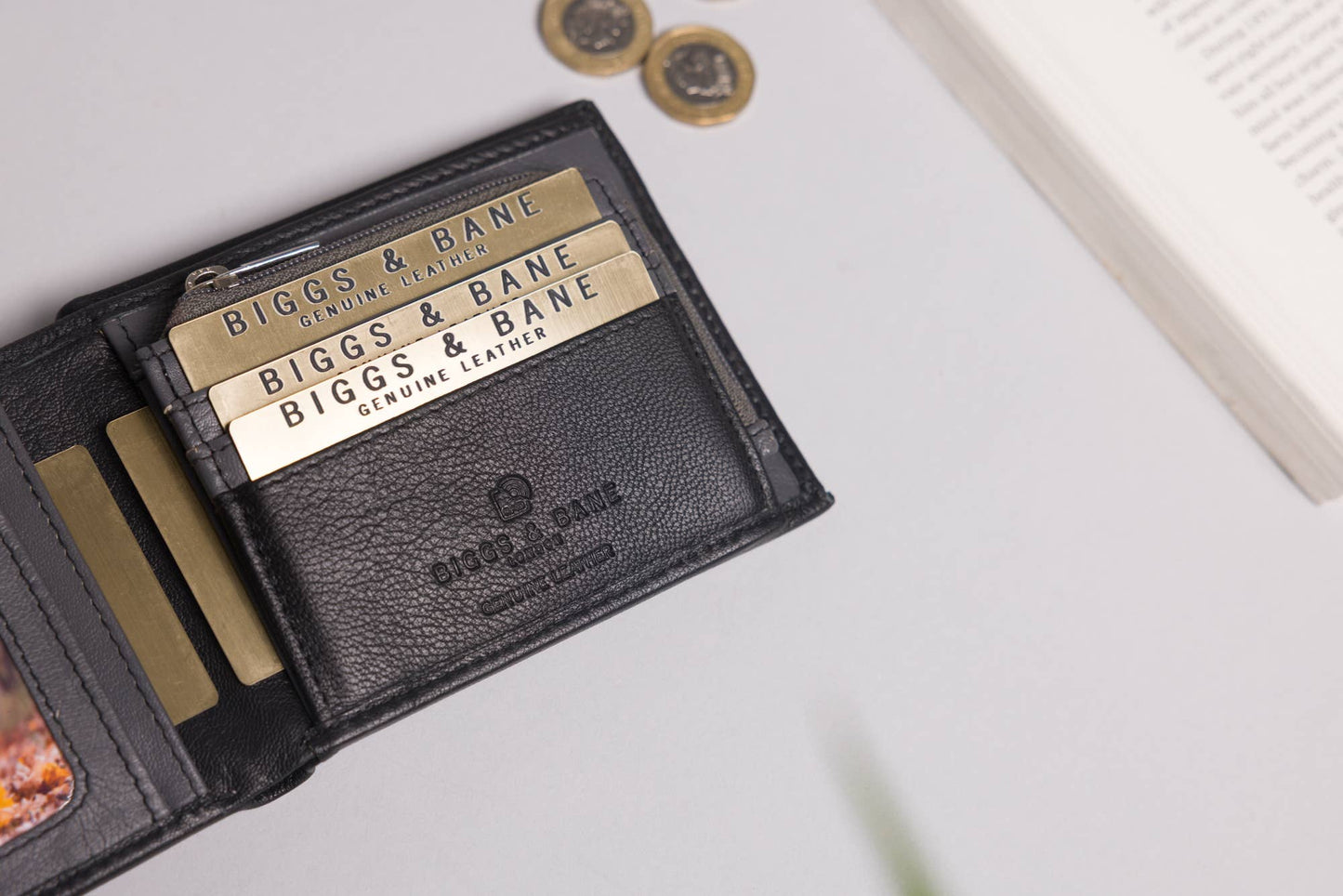 Biggs & Bane Men's Bifold Black & Grey Leather Wallet With Large Zip Coin Pocket