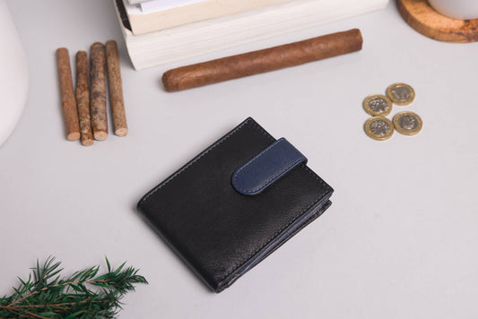 Men's Bifold Black & Navy Leather Wallet With Large External Coins Pocket With Gusset 24