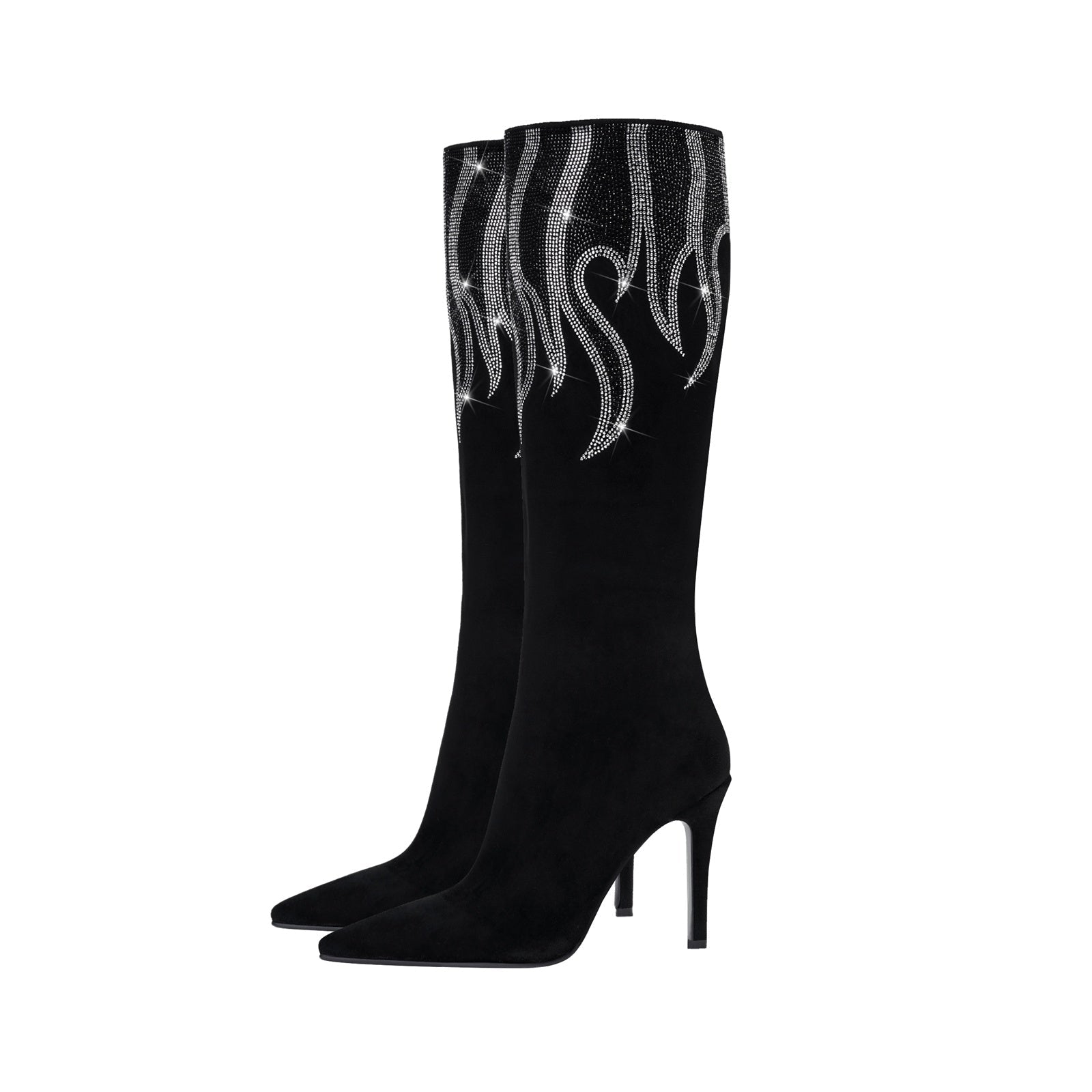 Black and Sliver Flame Pointed Toe Knee High Boots-2