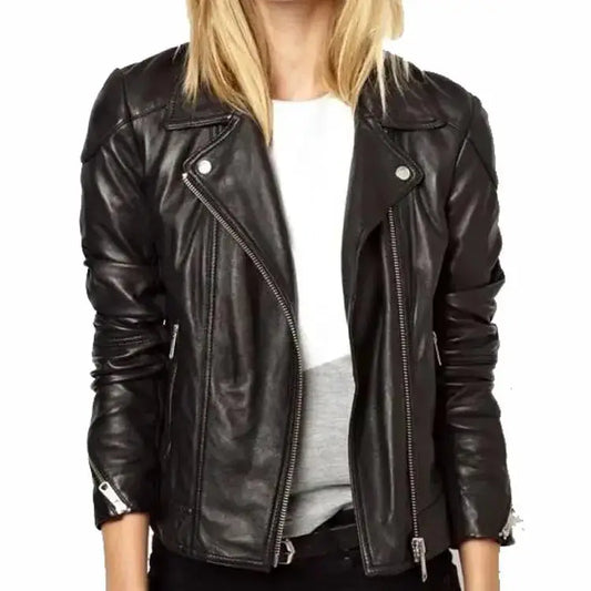 Women’s Black Sheepskin Leather Asymmetrical Jacket