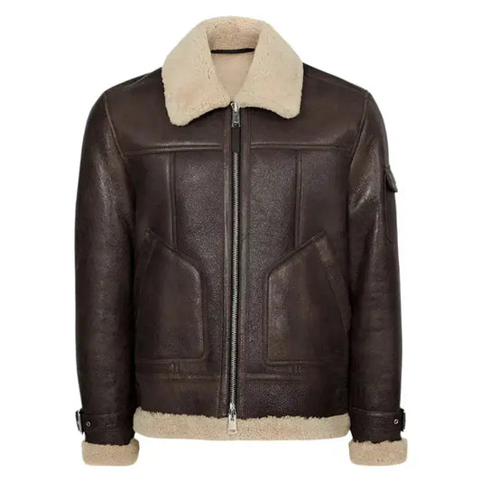 Brown Shearling Collar Aviator Leather Jacket-0