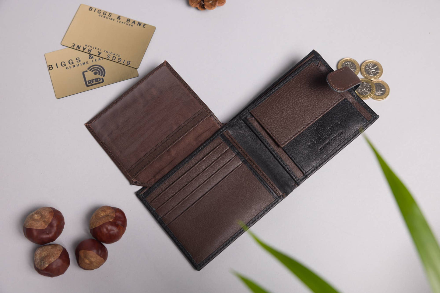 Biggs & Bane Men's Bifold Black & Dark Brown Leather Wallet With Tab Coin Pocket