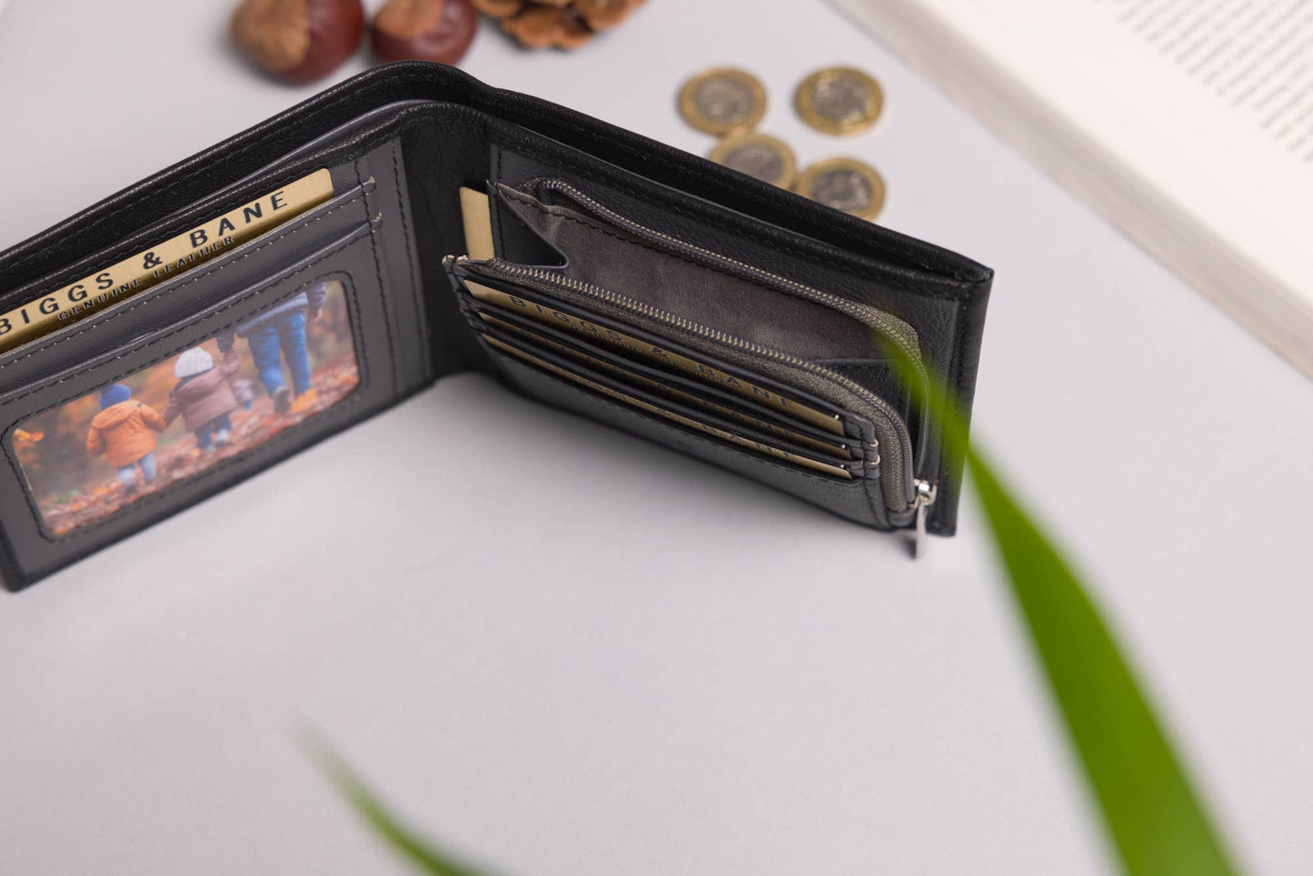 Biggs & Bane Men's Bifold Black & Grey Leather Wallet With Large Zip Coin Pocket