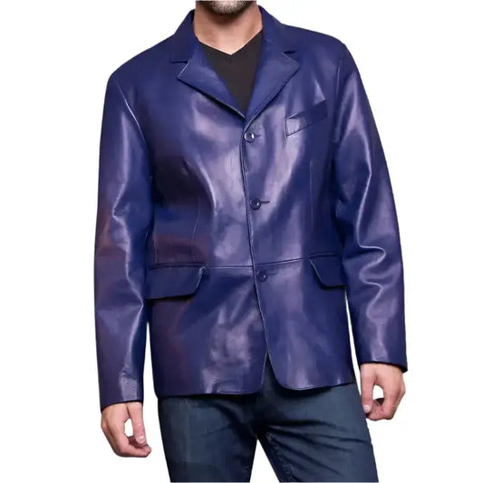 Men's Classic Blue Leather Blazer Jacket-0