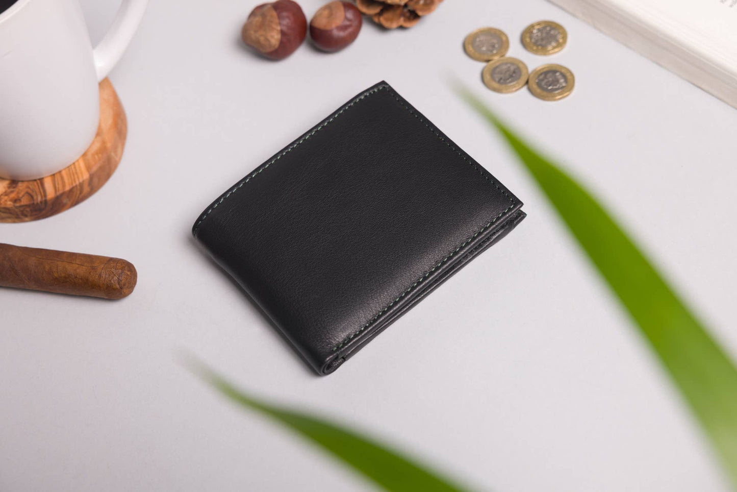 Biggs & Bane Men's Bifold Black & Green Leather Wallet With Large Zip Coin Pocket
