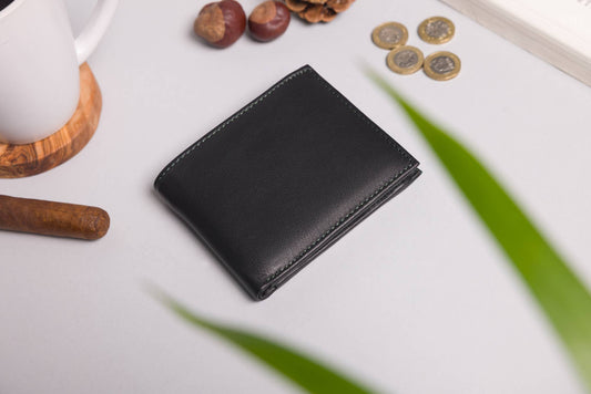 Cooper Allan Men's Bifold Black & Green Leather Wallet With Large Zip Coin Pocket 20