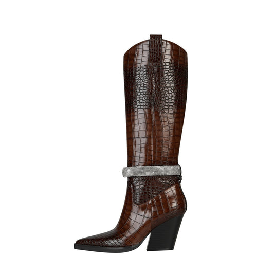 Diamond Encrusted Band Leather Knee High Boots-0