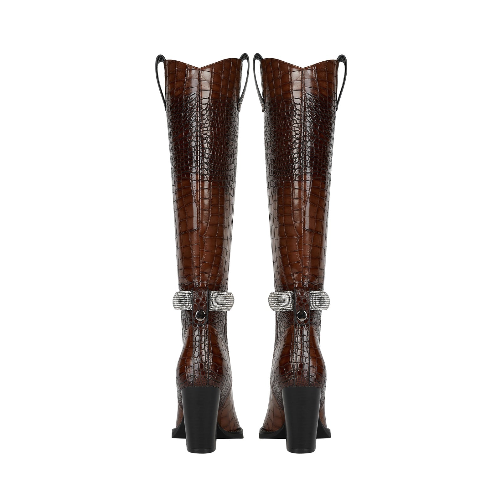 Diamond Encrusted Band Leather Knee High Boots-4