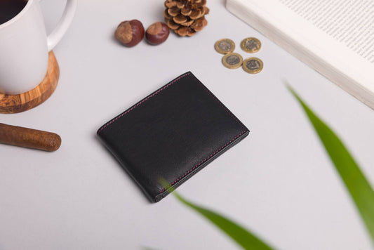 Men's Bifold Black & Burgundy Leather Wallet With Large Zip Coin Pocket  20