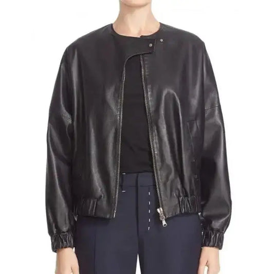 Women's Elegant Black Sheepskin Leather Bomber Jacket-0