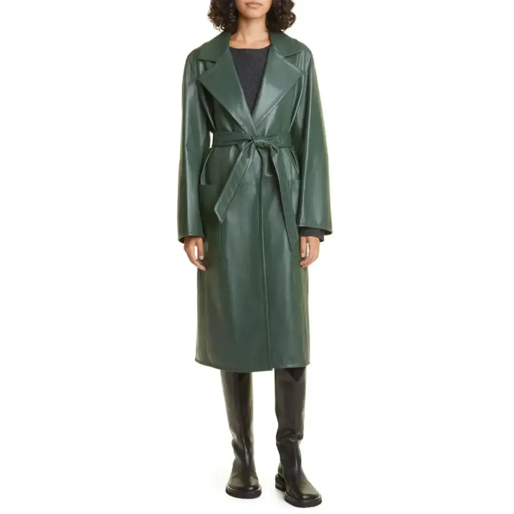 Cooper Allan Women's Elegant Green Wrap Leather Coat
