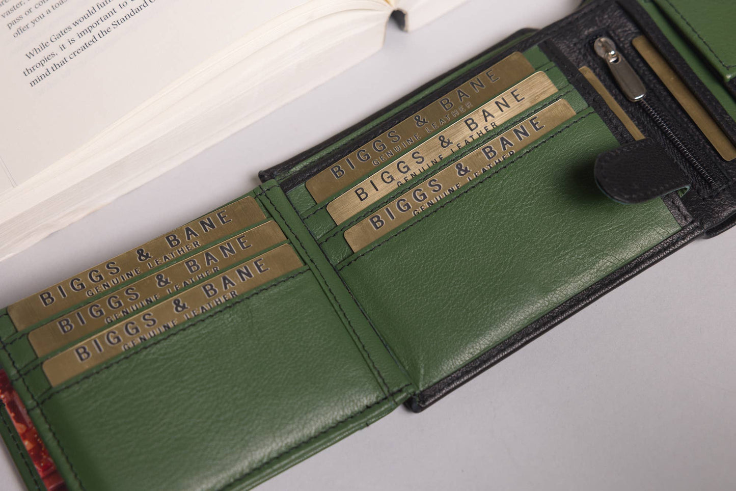 Biggs & Bane Large Capacity Men's Bifold Black & Green Leather Wallet