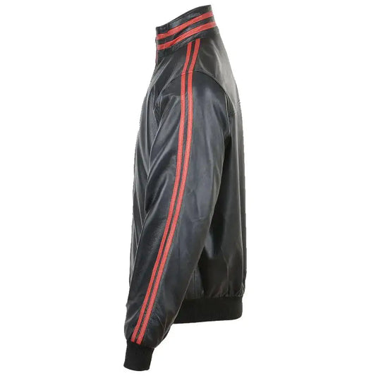 Men's Red Leather Bomber Jacket with Striped Collar