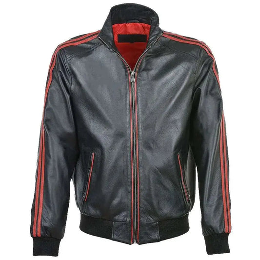 Men's Red Leather Bomber Jacket with Striped Collar