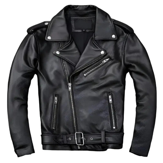 Men's Genuine Cowhide Leather Asymmetrical Café Racer Jacket-0